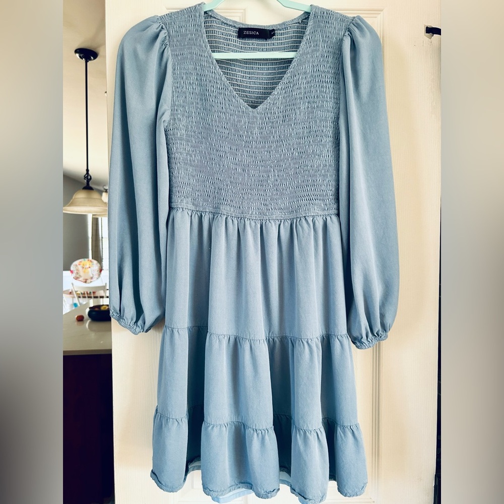 Blue Ribbed Long Sleeve Dress with Ruffled Tiered Skirt